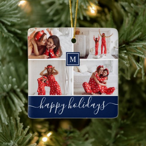 Simple Monogram Photo Collage Happy Holiday Navy Ceramic Ornament