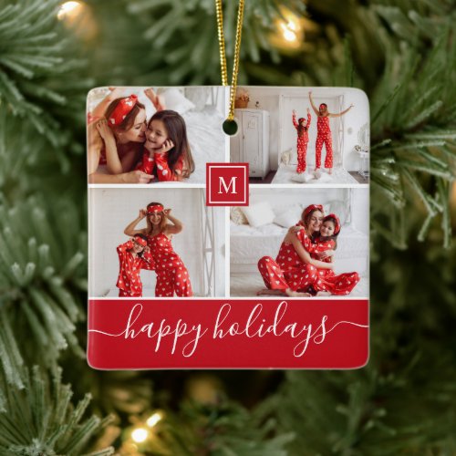 Simple Monogram Photo Collage Happy Holiday Red Ceramic Ornament