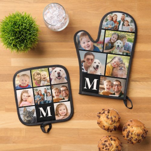 Simple Monogram Photo Collage Mitt 6 Potholder 8 Oven Mitt  Pot Holder Set