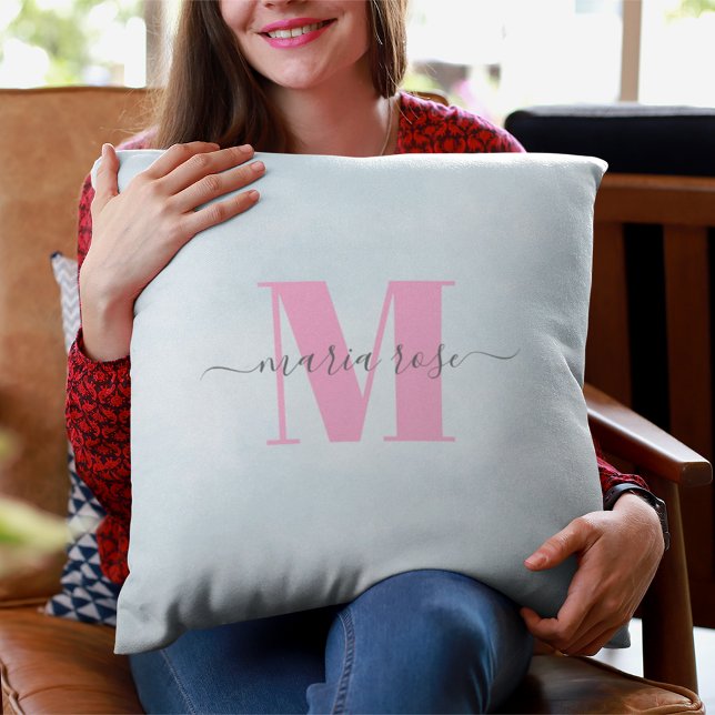 Simple Monogram Pink and Blue Throw Pillow (Pink Monogram simple script throw pillow)