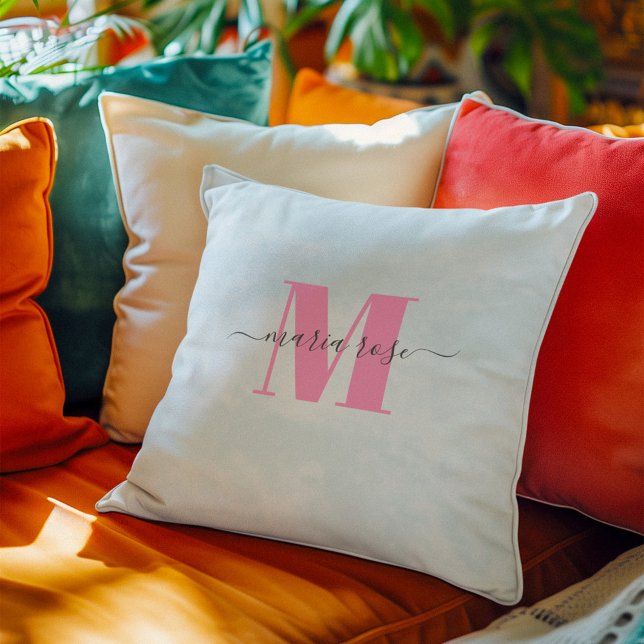 Simple Monogram Pink Blue Personalized Throw Pillow (Simple blue and pink monogrammed pillow)