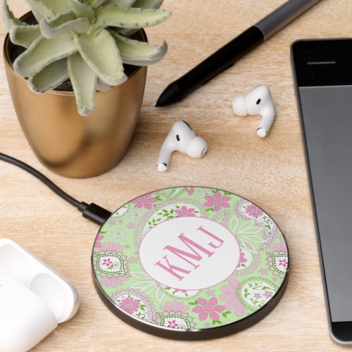 Simple Monogram Preppy Lime Green Paisley Pattern  Wireless Charger