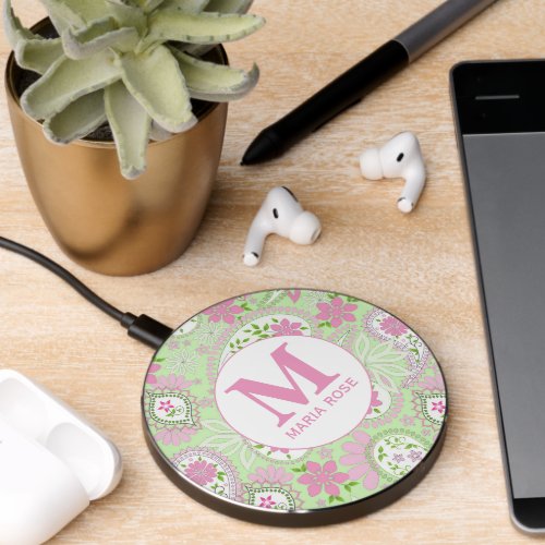 Simple Monogram Preppy Lime Green Paisley Pattern Wireless Charger