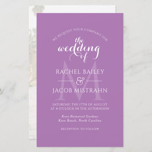Simple Monogram Purple Photo Wedding Invitation