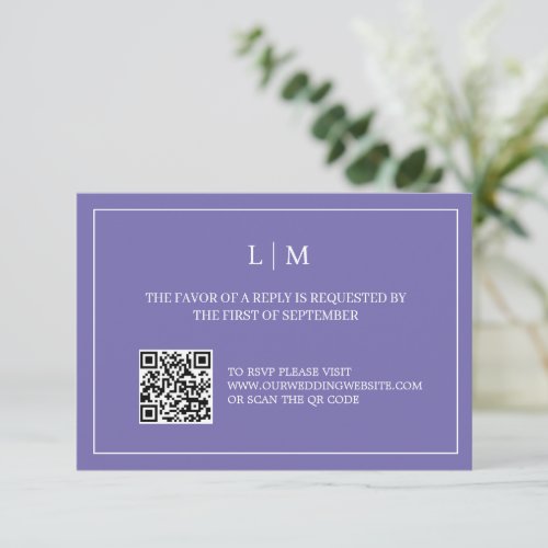 Simple Monogram Purple QR Code Wedding RSVP Card