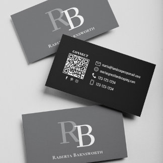 Simple Monogram QR Code Grey | Connect with Me Business Card