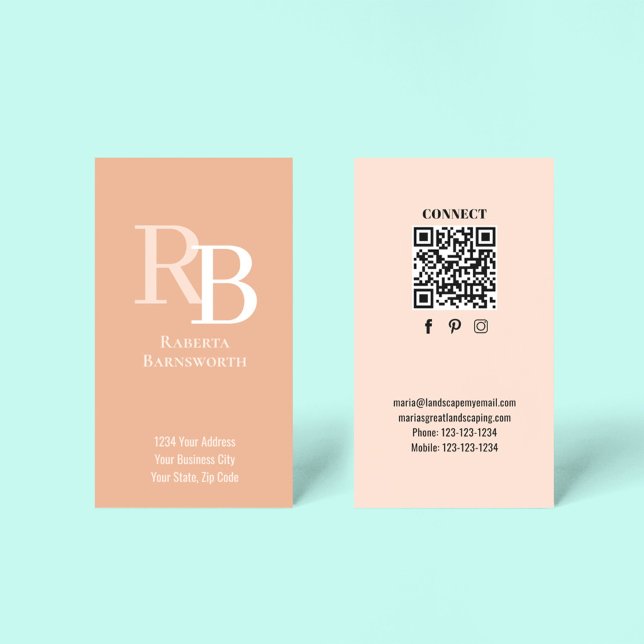 Simple Monogram QR Code Peach | Connect with Me Business Card (Peach monogram business card template with a scannable QR code.)