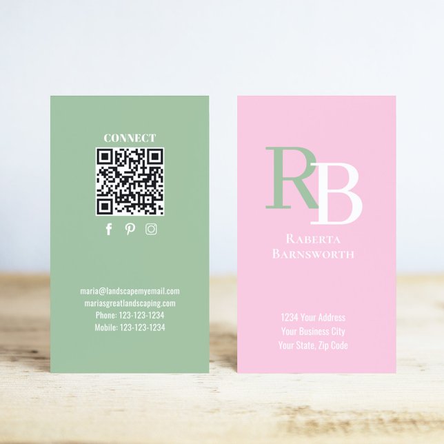 Simple Monogram QR Code Pink | Connect with Me Business Card (Pink and green monogram business card template.)