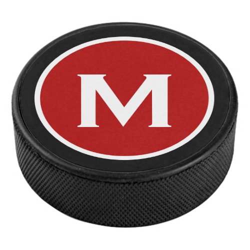 Simple Monogram Red Black Hockey Puck