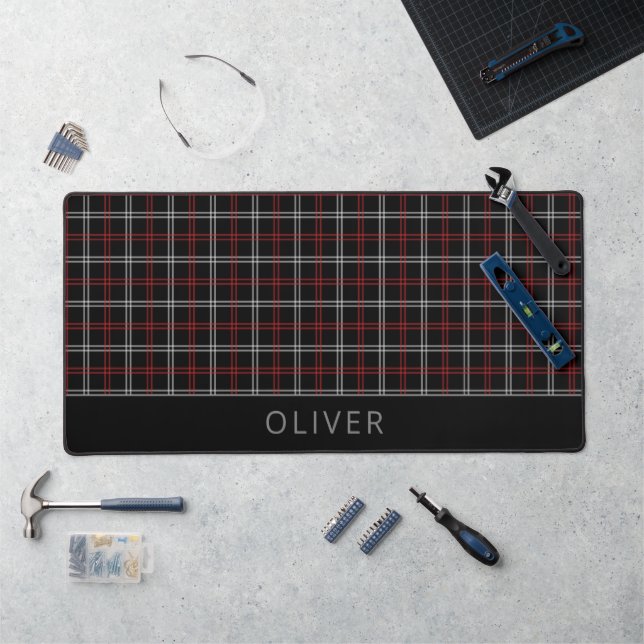 Simple Monogram Red Black Plaid Pattern Modern Desk Mat (Workstation)