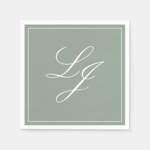 Simple Monogram Sage Green Elegant Script Wedding Napkins