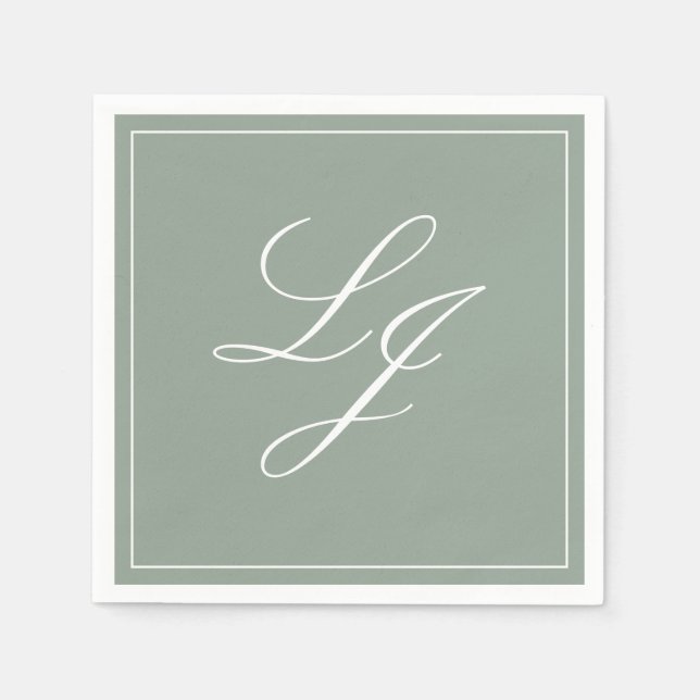 Simple Monogram Sage Green Elegant Script Wedding Napkins (Front)