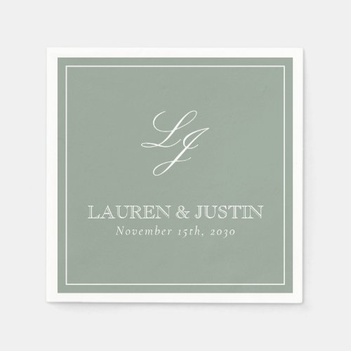 Simple Monogram Sage Green Elegant Script Wedding Napkins