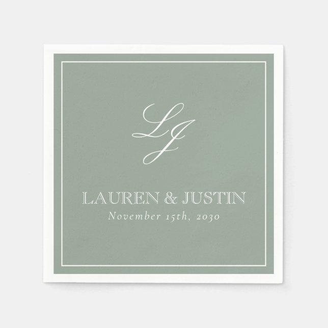 Simple Monogram Sage Green Elegant Script Wedding Napkins (Front)