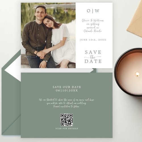 Simple Monogram Sage Green QR Code Photo Wedding Save The Date