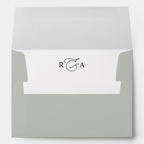 Simple Monogram Sage Green Return Address Wedding Envelope - Designed to coordinate with our Romantic Script wedding collection, this customizable matching Invitation envelope features a coloured solid sage green envelope with black text with an elegant monogram on the inside. To make advanced changes, please select "Click to customize further" option under Personalize this template.