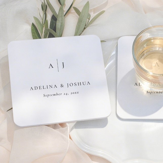 Simple Monogram Script Calligraphy Wedding Square Paper Coaster (Creator Uploaded)