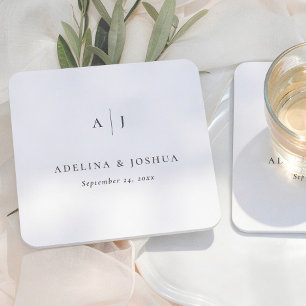 Simple Monogram Script Calligraphy Wedding Square Paper Coaster