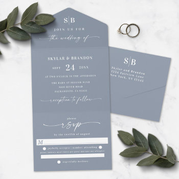 Simple Monogram & Script Dusty Blue Wedding All In One Invitation by GraphicBrat at Zazzle