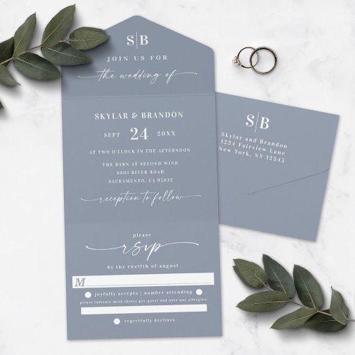 Simple Monogram  Script Dusty Blue Wedding All In One Invitation