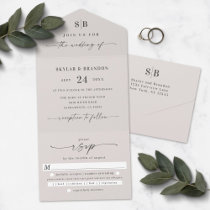 Simple Monogram & Script Ivory Off-White Wedding  All In One Invitation