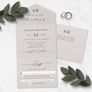 Simple Monogram & Script Ivory Off-White Wedding  All In One Invitation