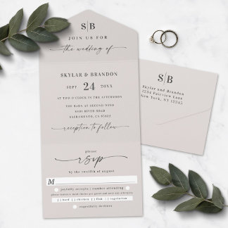 Simple Monogram & Script Ivory Off-White Wedding  All In One Invitation