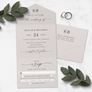 Simple Monogram & Script Ivory Off-white Wedding  All In One Invitation by GraphicBrat at Zazzle