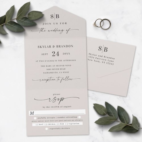 Simple Monogram  Script Ivory Off_White Wedding  All In One Invitation