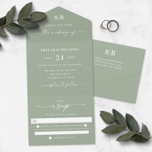 Simple Monogram  Script Leaf Green Wedding All in All In One Invitation