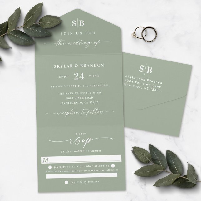 Simple Monogram & Script Leaf Green Wedding All in All In One Invitation (Creator Uploaded)