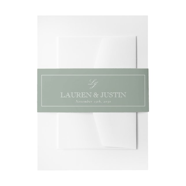 Simple Monogram Script Sage Green Elegant Wedding Invitation Belly Band (Front Example)