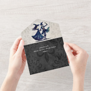 Simple Monogram Skeleton Halloween QR Code Wedding All In One Invitation