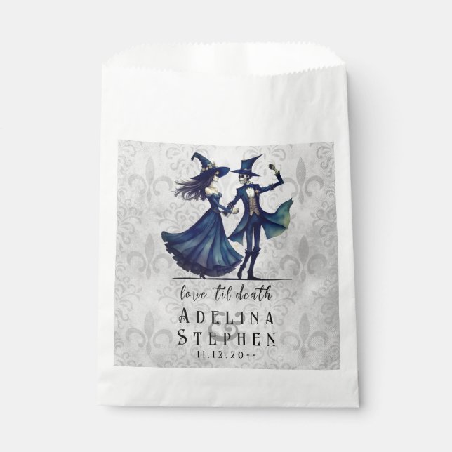 Simple Monogram Skeleton Halloween QR Code Wedding Favor Bag (Front)