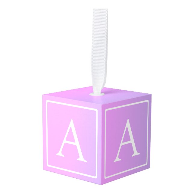 Simple Monogram | Subtle Pink/Purple Ombre Cube Ornament (Front Angled)