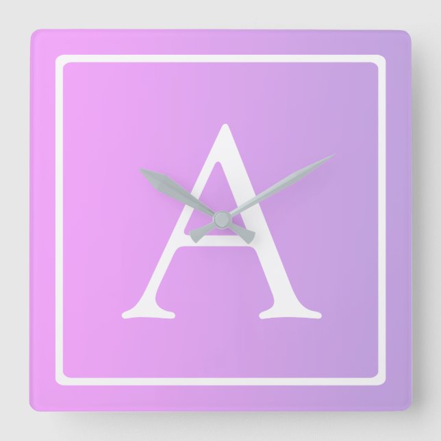 Simple Monogram | Subtle Pink/Purple Ombre Square Wall Clock (Front)