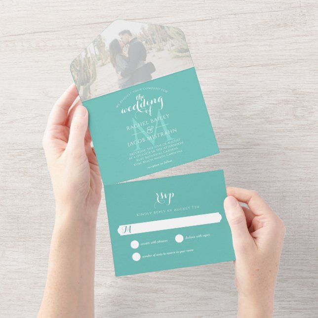 Simple Monogram Teal Photo Wedding All In One Invitation (Tearaway)