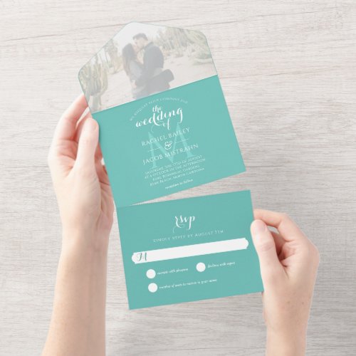 Simple Monogram Teal Photo Wedding All In One Invitation