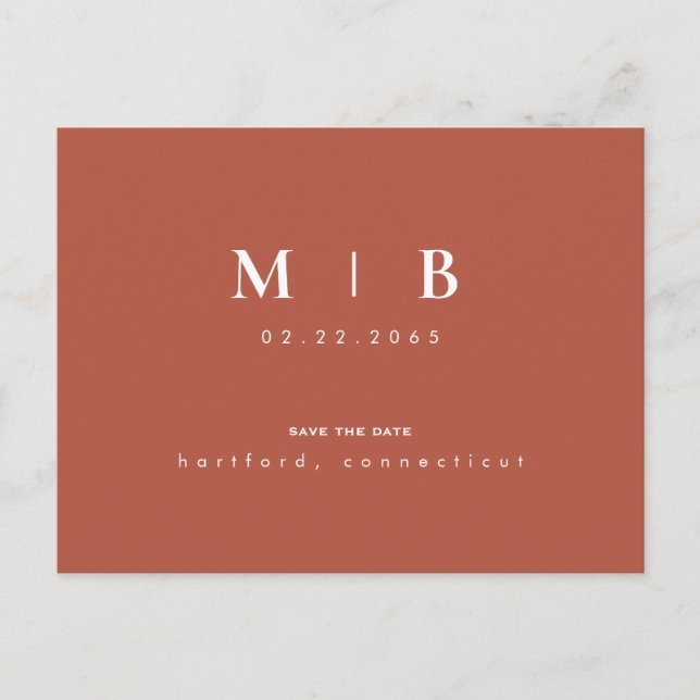 Simple Monogram Terra Cotta Wedding Save the Date  Announcement Postcard (Front)