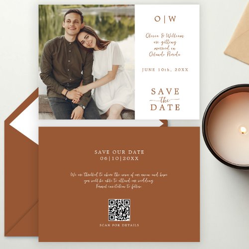 Simple Monogram Terracotta QR Code Photo Wedding Save The Date