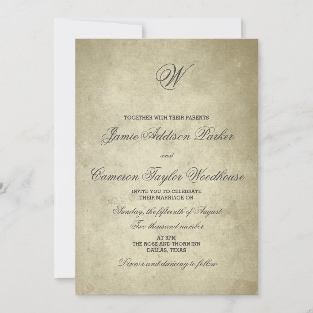 Simple Monogram | Vintage Paper Wedding Invitation (Front)