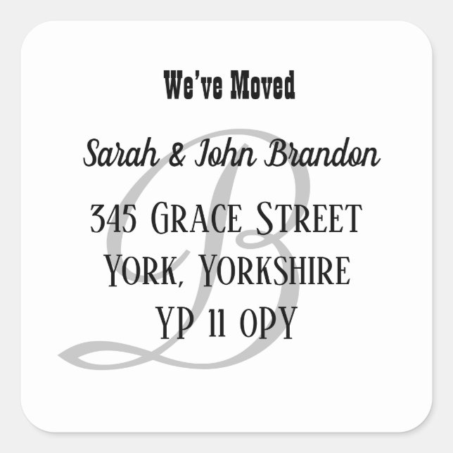 Simple Monogram We’ve Moved Announcement Square Sticker (Front)