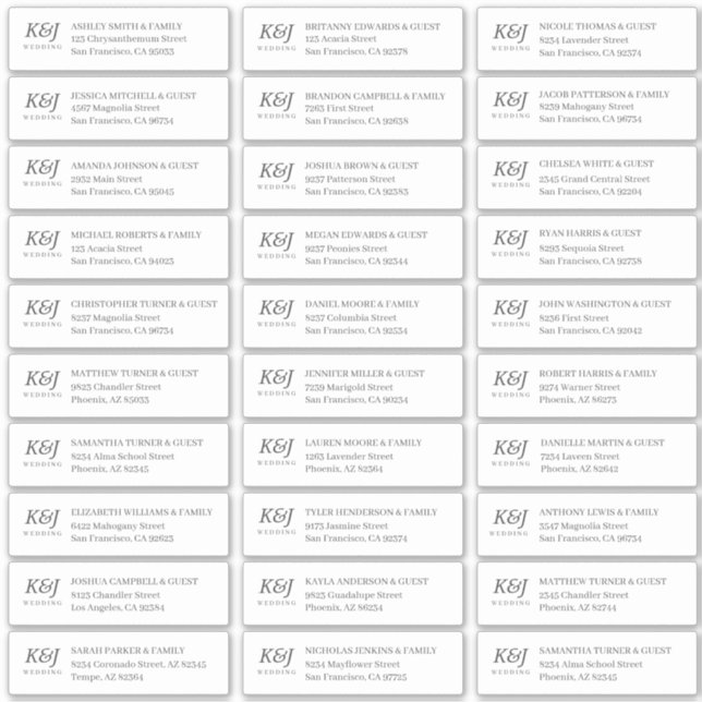 Simple Monogram Wedding Guest Names Address Sticker (Front)