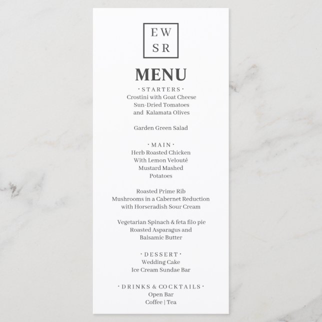 Simple Monogram White and Grey Wedding Menu (Front)