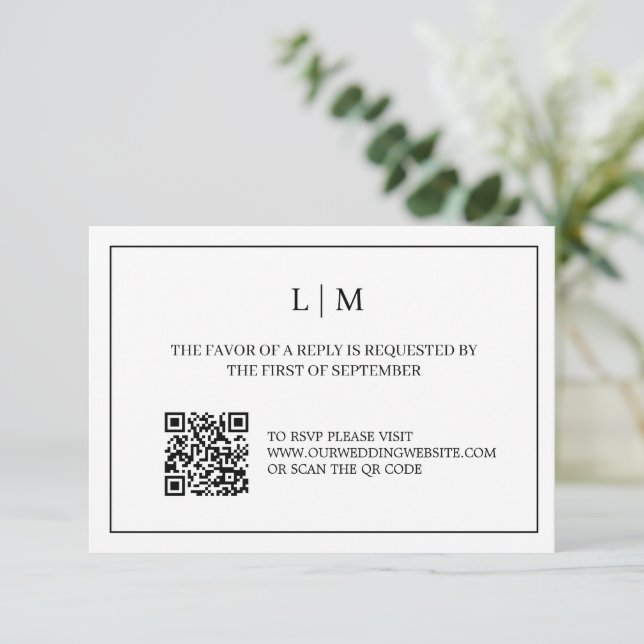 Simple Monogram White QR Code Wedding RSVP Card (Standing Front)