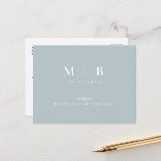 Simple Monogram Winter Blue Save the Date QR  Anno Announcement Postcard (Front/Back In Situ)