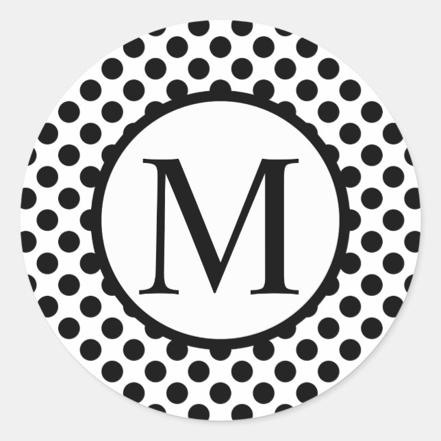 Simple Monogram with Black Polka Dots Classic Round Sticker (Front)