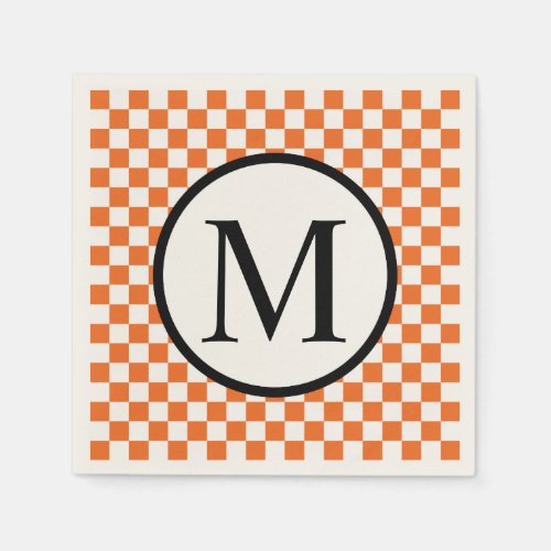 Simple Monogram with Orange Checkerboard Paper Napkins
