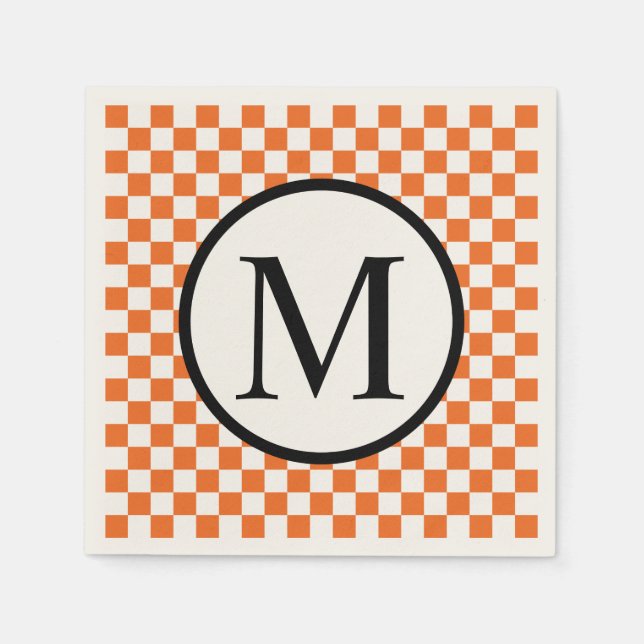 Simple Monogram with Orange Checkerboard Paper Napkins (Front)