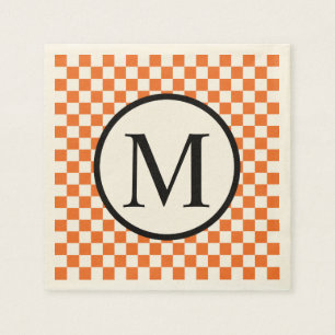 Simple Monogram with Orange Checkerboard Paper Napkins
